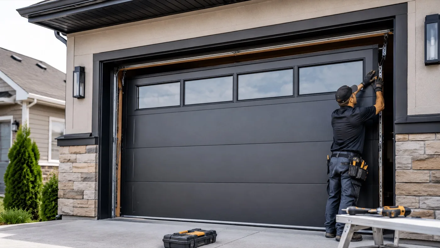 Garage door fitters installing a new black insulated door in Edmonton